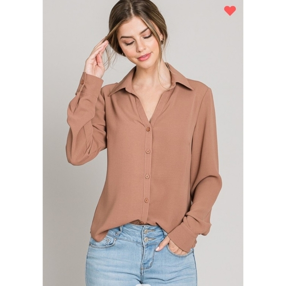 Womens Mocha Button Down Shirt Long Sleeve Career Office Casual  S/M/ - Picture 1 of 9